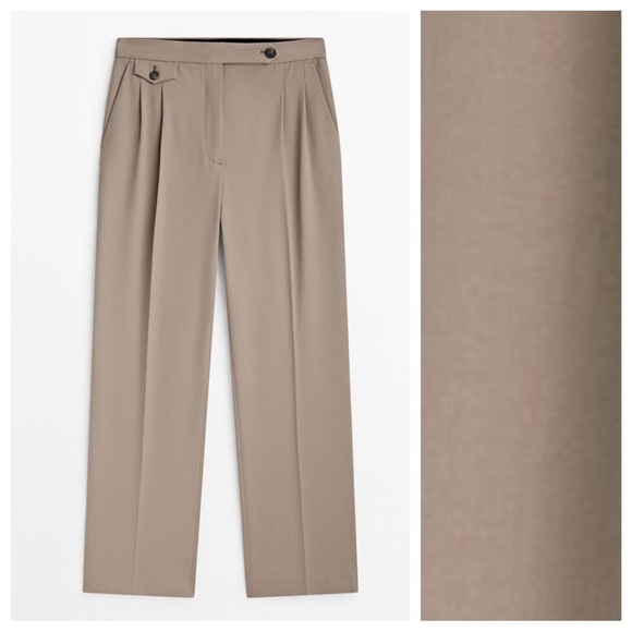 NWT. Massimo Dutti Mink Wool/Viscose Blend Flap Detail Trousers. Size 2/EUR 34. - Picture 6 of 12